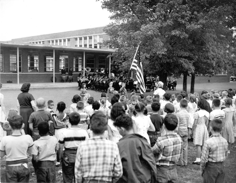 An assembly outside the Valley Road School. PPS Archives