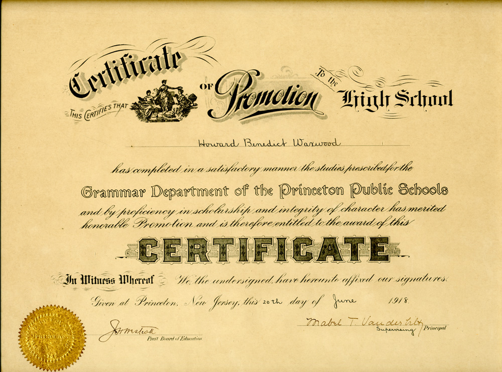 Howard Waxwood certificate of promotion, 1918. Historical Society of Princeton.