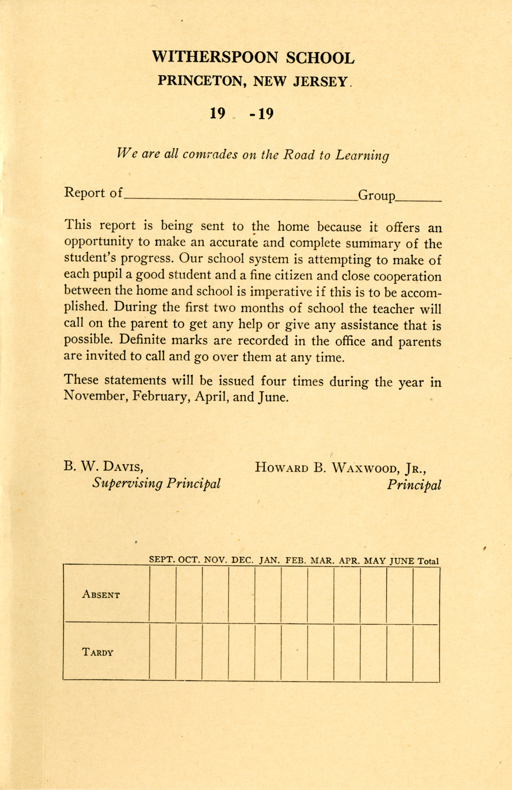 Witherspoon School for Colored Children report card, 1938. Historical Society of Princeton