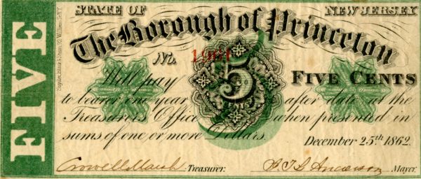 Five cent note issued by Princeton Borough, 1862